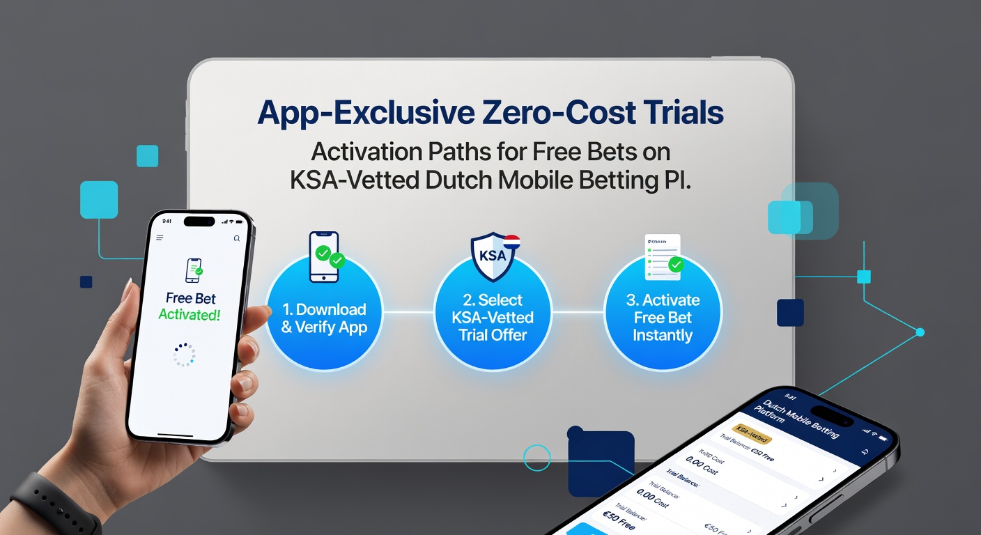 Schermafbeelding van een mobiele betting app met actieve gratis weddenschap promotie op een KSA-gelicentieerd platform, inclusief navigatiemenu en free bet knop