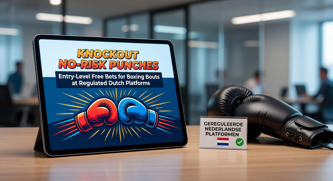 Dynamische boksring met overlay van free bet promoties op een Nederlands wedplatform, symboliserend risicovrije instapweddenschappen
