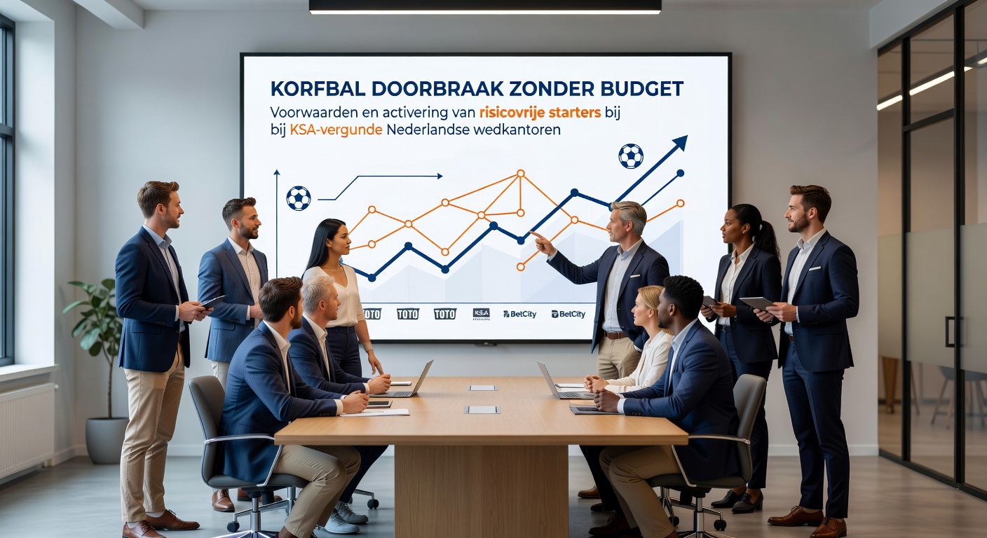 Korfbalspelers in actie tijdens een spannende wedstrijd, met een bookmakerlogo op de achtergrond die risicovrije starters promoot