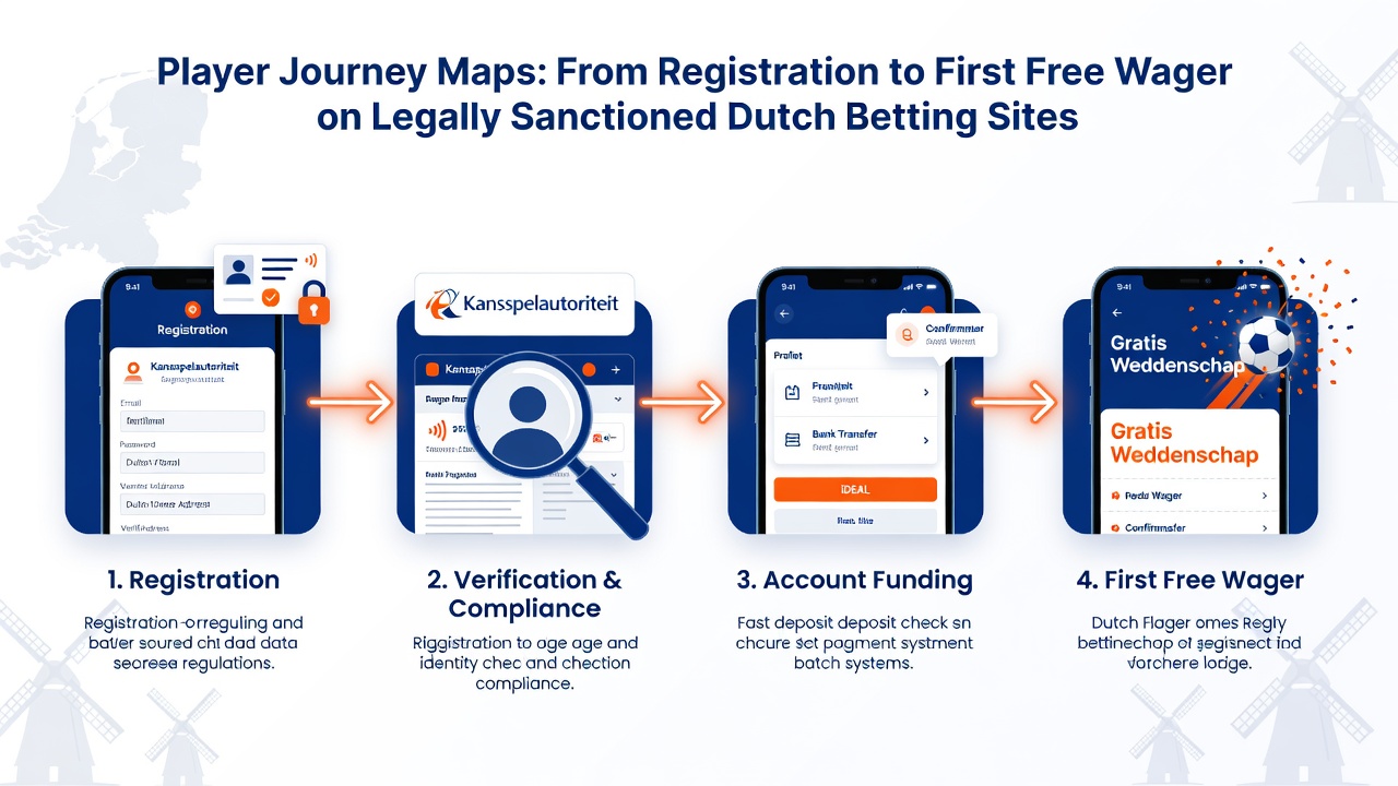 Diagram van de stappen in de spelersjourney tot de eerste gratis weddenschap