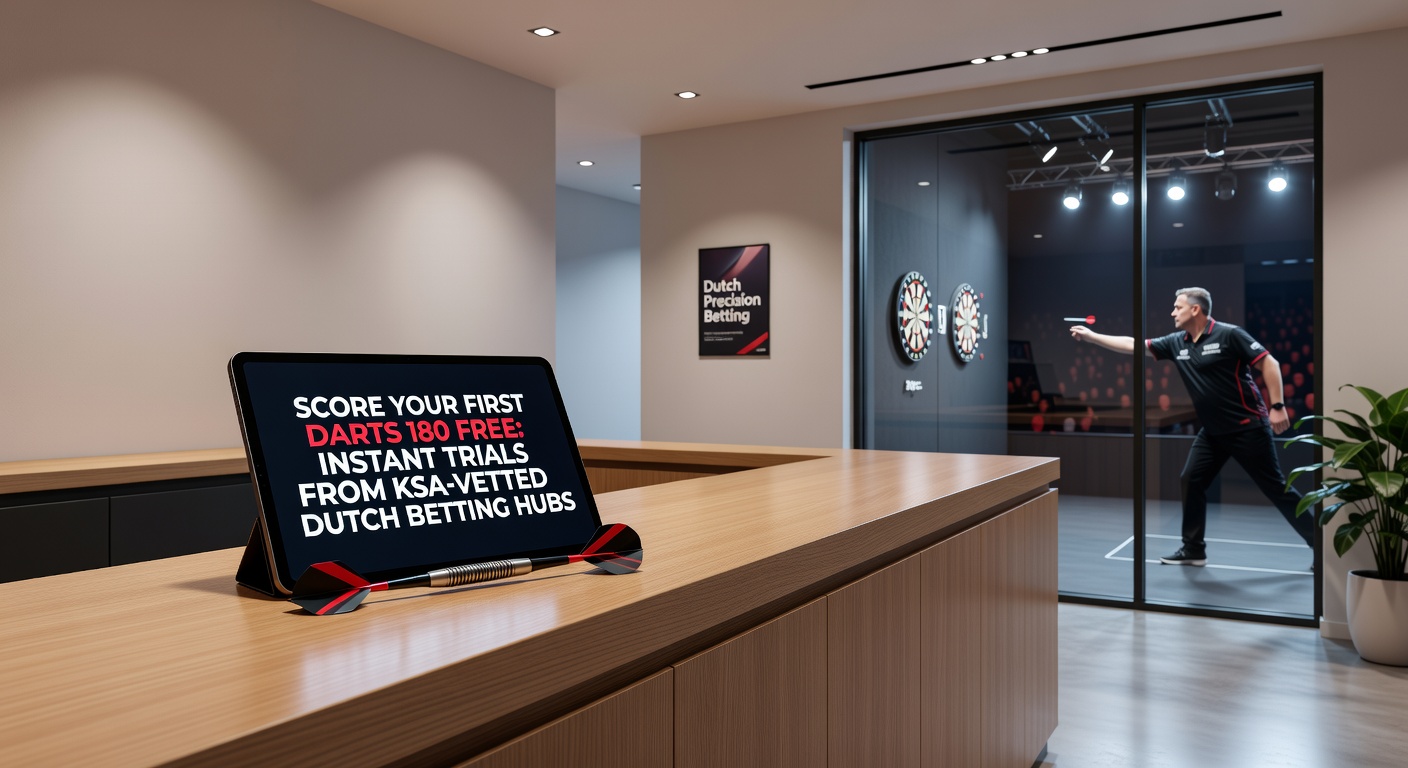 Speler viert een 180 tijdens een professioneel darts-toernooi, met bookmaker-apps op de achtergrond voor gratis trials