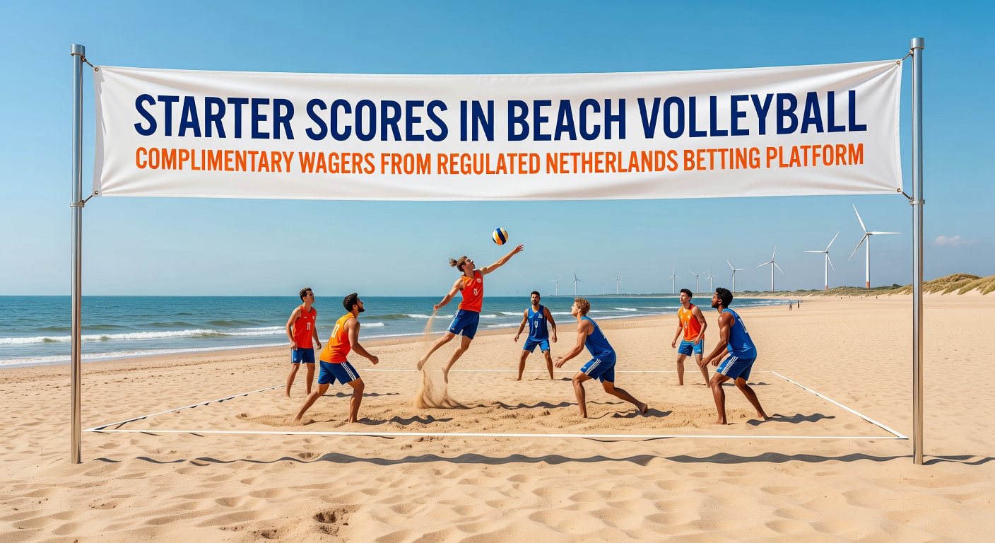 Een Nederlands beachvolleybalduo serveert onder fel zonlicht, zand vliegt op terwijl de tegenstander blokkeert