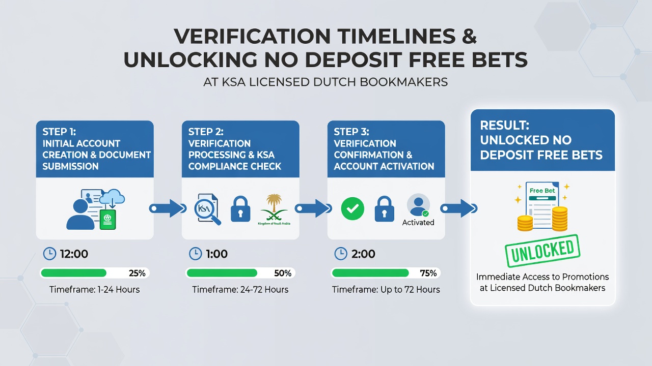 Tijdlijn visualisatie van verificatiestappen en vrijgave van no-deposit bonussen