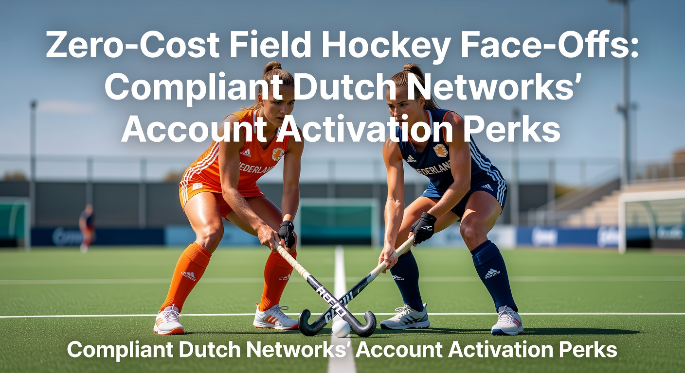 Veldhockeyspelers tijdens een spannende face-off, met overlay van Nederlandse bookmaker-logo's en no-deposit bonus icons